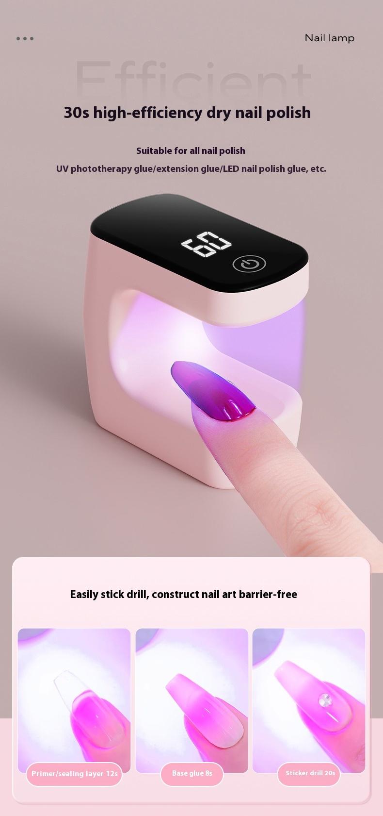 Intelligent digital display USB mini ultraviolet nail polish drying lamp - Rapid curing nail polish adhesive light therapy lamp - Portable digital nail drying machine - Household nail drying device - No black hand - Beginner's entry-level nail art tools