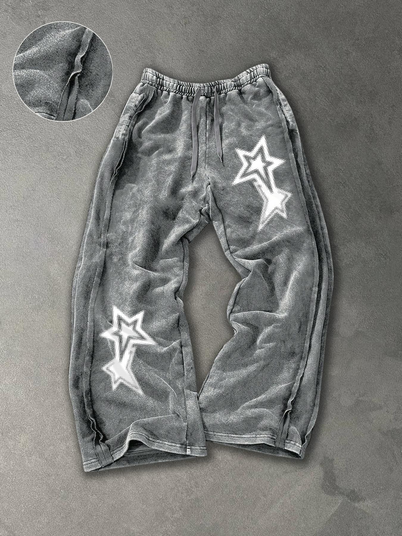 Men's Washed Cotton Straight Leg Pants, Star Print, Multiple Colors Available, Casual Fashion, Comfortable Fit, All Seasons Wear