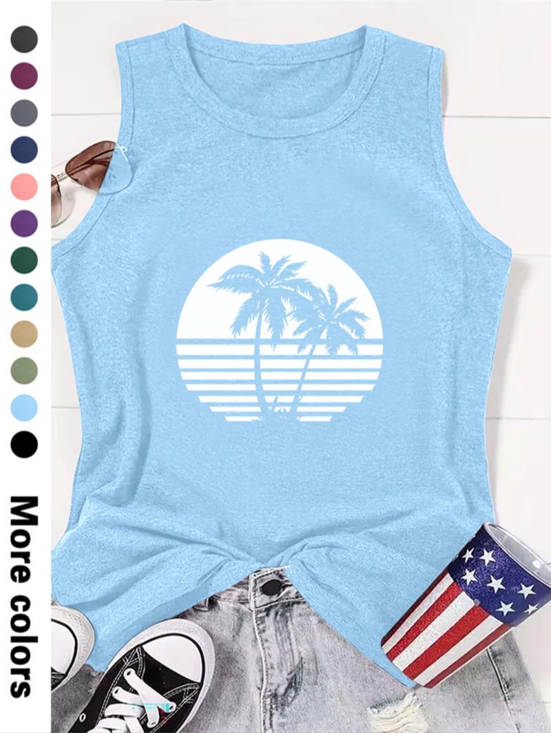 Women's Coconut Tree Print Round Neck Tank Top, Lounge Tank Top, Graphic Top, Casual Sleeveless Top for Beach Vacation Holiday, Ladies Clothes for All Seasons