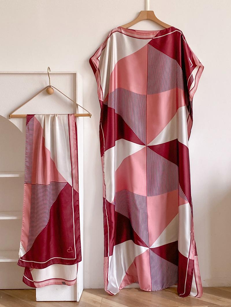 Women's Colorblock Print Long Scarf & Poncho Set, Casual Soft Comfortable Shawl for Beach Vacation, Fashion Accessories for Women & Girls