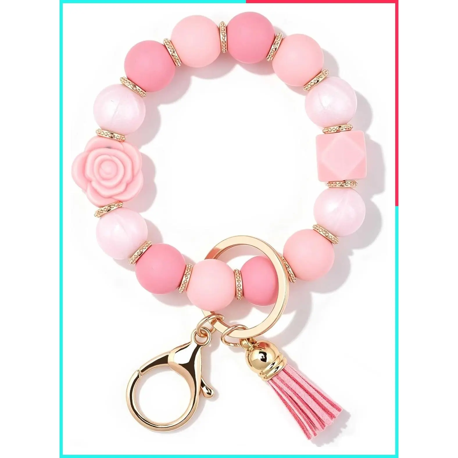 Cute Rose Flower Keychain Wristlet Silicone Beaded Key Ring Bracelet Car Key Chain Holder for Women Girls