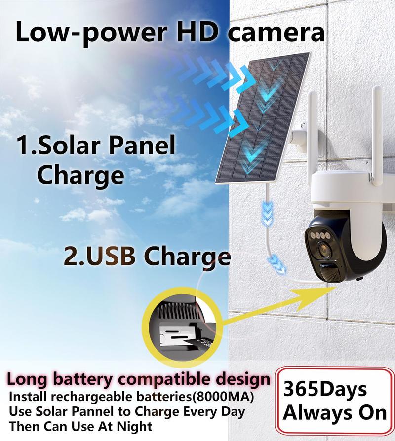 Hawkray 360Solar Security Camera with Spotlight, PIR Motion Detection, Color Night Vision, and Two-Way Talk 2K FHD WiFi IP Security Cam-IP66 Waterproof IR Night Vision Flash Light Connection Wireless 1Pc Surveillance Systems Card Monitoring Remote Speaker