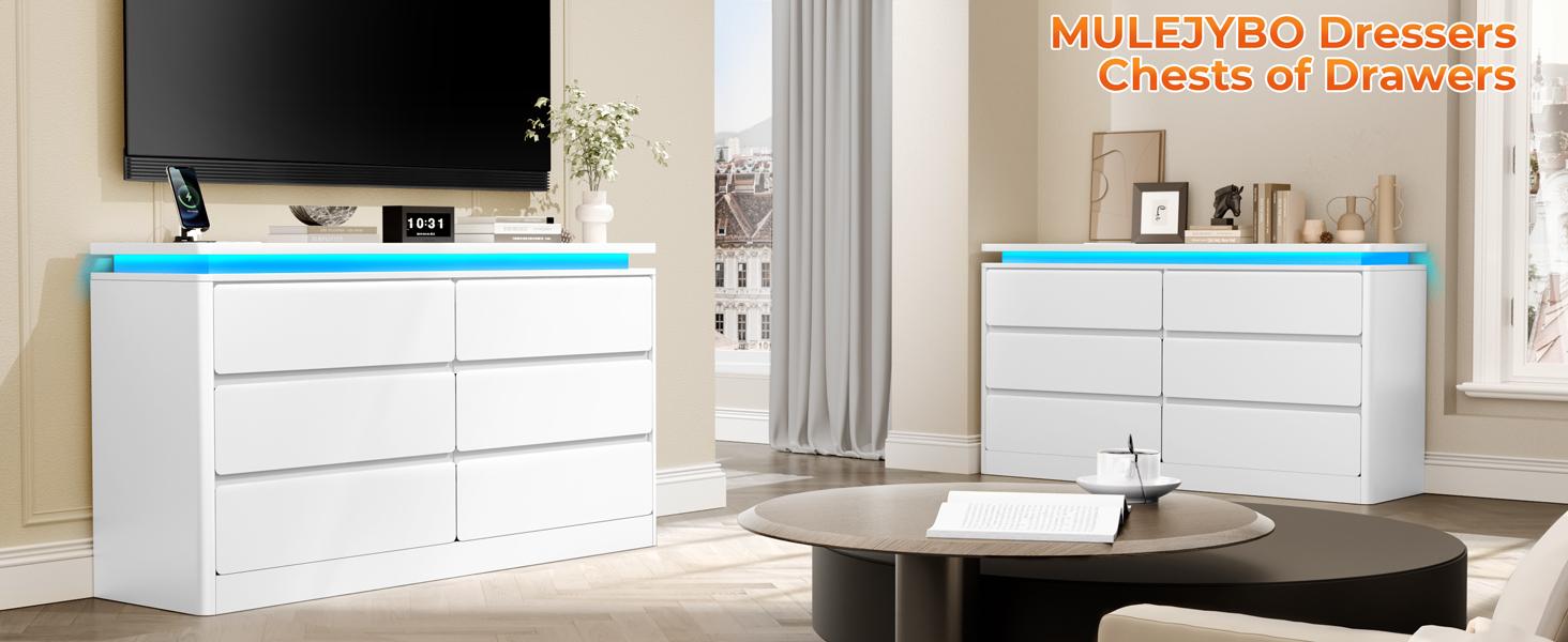 Modern 6 Drawer Dresser with Power Outlet, LED Light, Modern Chest of Drawers for Closet, Double Wide Drawer Organizer Cabinet