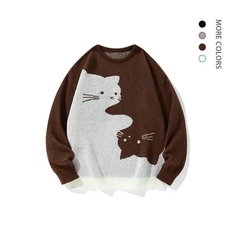 Men's Cartoon Cat Print Round Neck Sweater Regular Fit Casual Long Sleeve Crew Neck Jumper for Fall & Winter Fashion Men's Knitwear for Daily Wear Medium Size Menswear Jeans