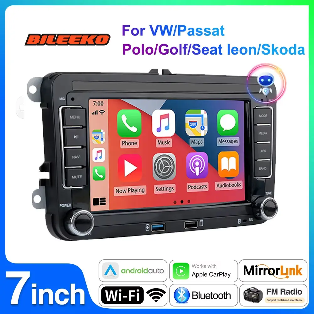 Bileeko Carplay Android Auto Car Stereo, 7 Inch HD Screen, 2din, Compatible with Seat Skoda, Rds Airplay, Vehicle Entertainment System