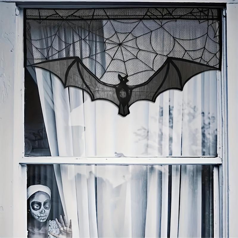 Spooky Bat & Spider Web Design Lace Curtain, 1 Count Gothic Style Short Curtain, Home Decoration Curtain, Window Screening for Home Living Room Bedroom, Halloween