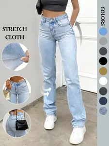 NVFelix Y2K Streetwear High Waist Stretch Elastic Straight Leg Jeans Women Vintage Slim Blue Denim for Daily Casual Wear