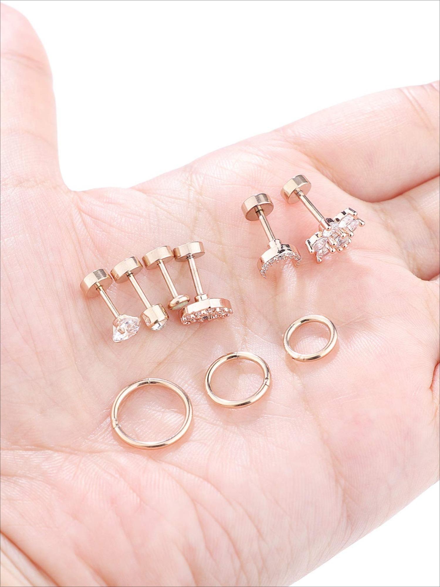 9 Pcs Aesthetic Rose Golden Piercing Pack Cute Heart Moon Flower Design with CZ Opal Hypoallergenic Stainless Steel Labret Studs Cartilage Hoops Must-Have Body Jewelry for Daily Festival Outfits