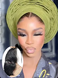 Elegant 13x4 Full Lace Half Wig for Gele Turban Human Hair Hairpieces, Lace Frontal Pre Cut Natural Hairline with Braided Hair, Effortless to Wear