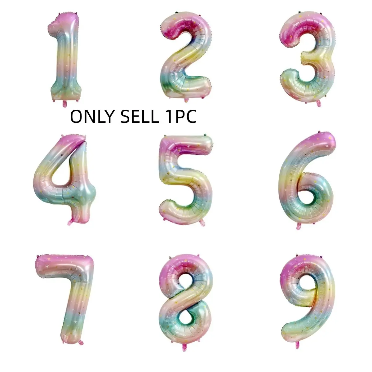 35 Inch Rainbow Gradient Number Balloons 1-9, Pastel Star Mylar Foil Digit Balloons, Helium Supported for Birthday Party Decorations