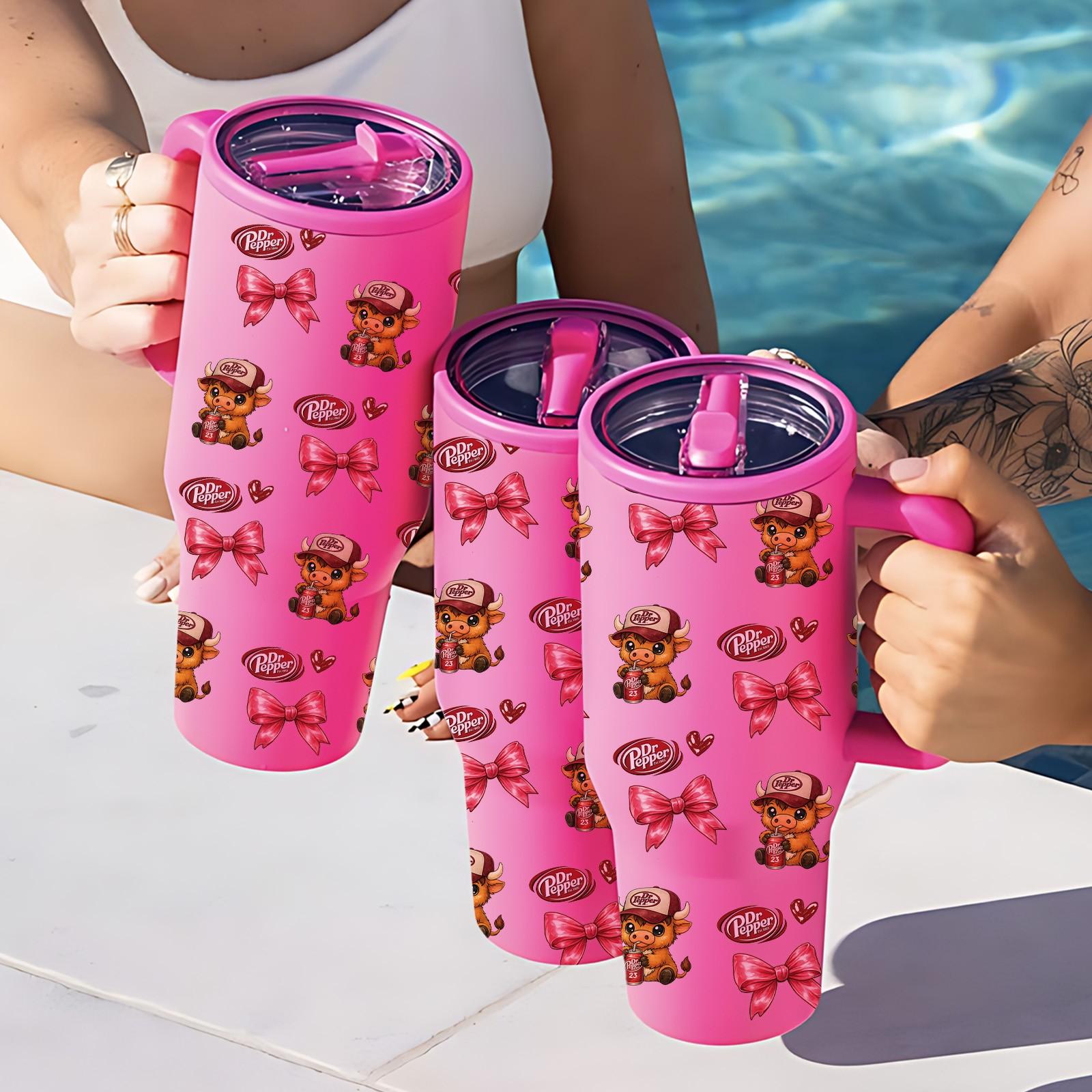 40oz insulated mug, Insulated tumbler, Dr Pepper soda print, leopard highland cow cartoon design, thermal mug, double wall vacuum stainless steel, straw lid with handle, leak proof, keeps hot 12 hours cold 24 hours, valentines birthday gift