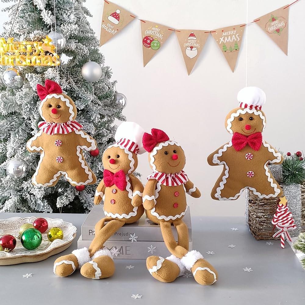 15-Inch Large Christmas Plush Gingerbread Man Doll, Boy Girl Version, Chef Hat and Bow, Decorative Ornament, Home Soft Toy, Holiday Decoration