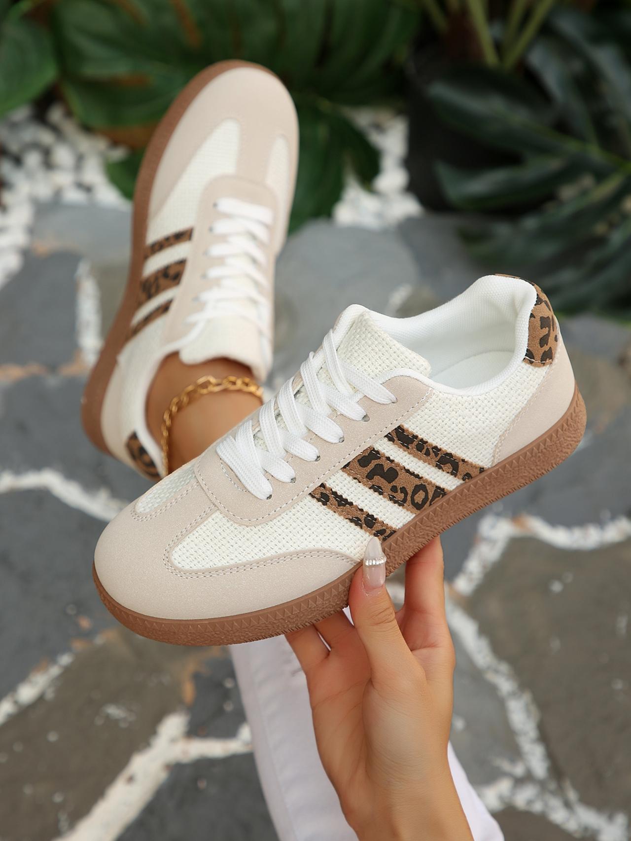 Women's 2.5cm Platform Leopard Print Sneakers, Black/Beige, Retro 3-Stripe Casual Shoes