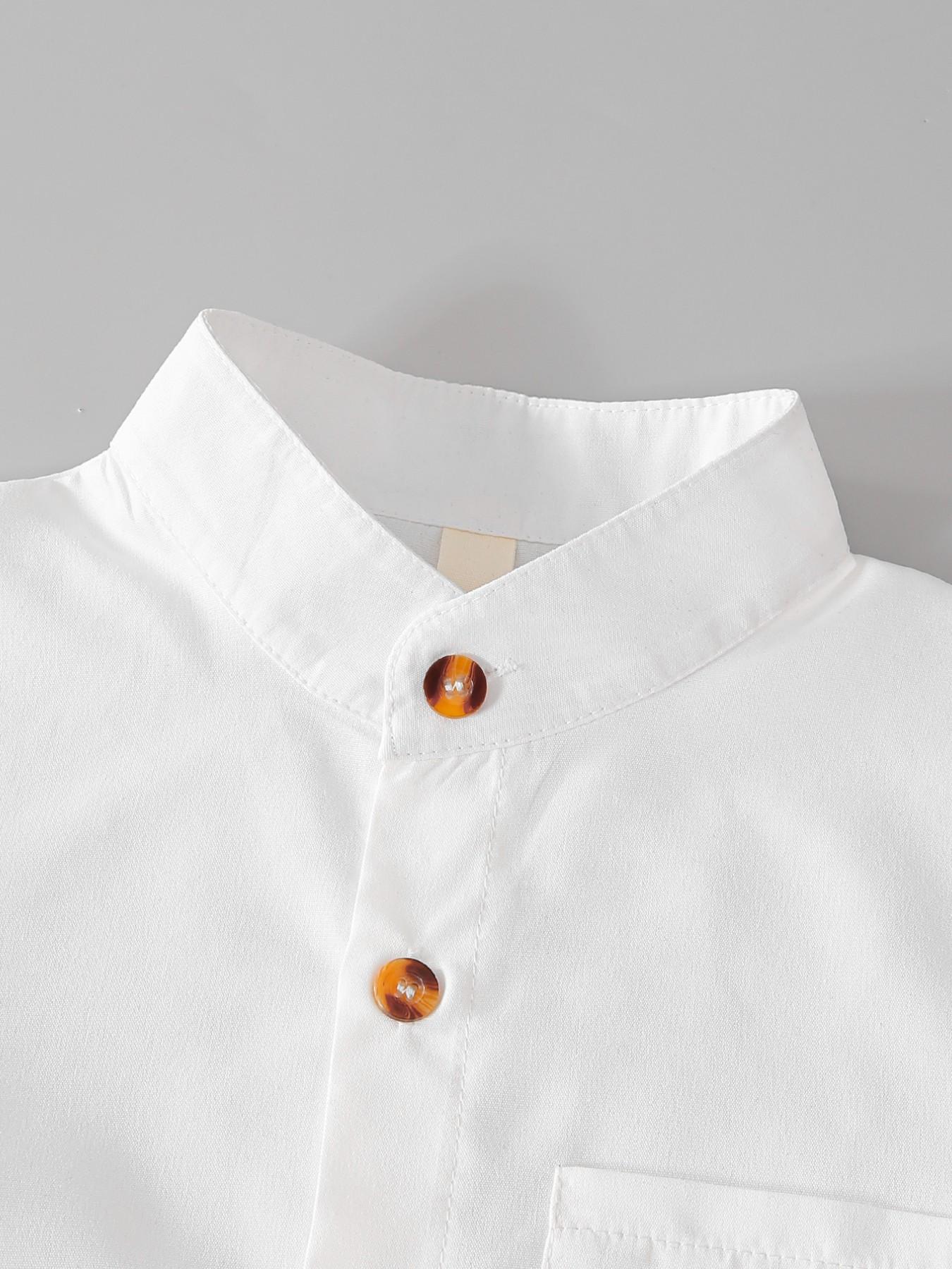 Boys' Summer Casual Set, Button Front Stand Collar Shirt, Short Sleeve with Pocket, Cute Dinosaur Print, Striped Shorts, 2-Piece Set