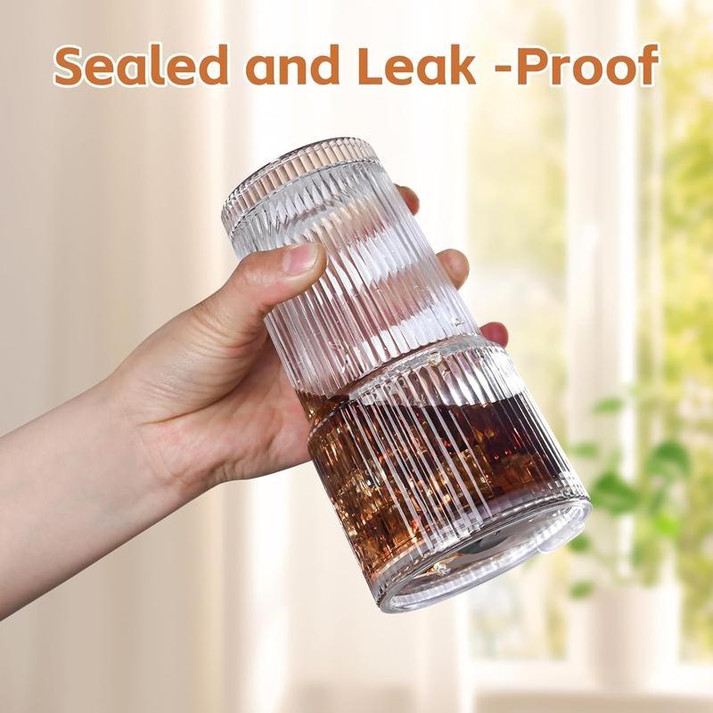 20oz Ribbed Glass Leakproof Tumblers Set of 2/4 with Lids & Straws Durable Reusable Leak-Proof Travel-Ready for Iced Coffee Smoothies Juice Cocktails Washable Stylish Drinkware