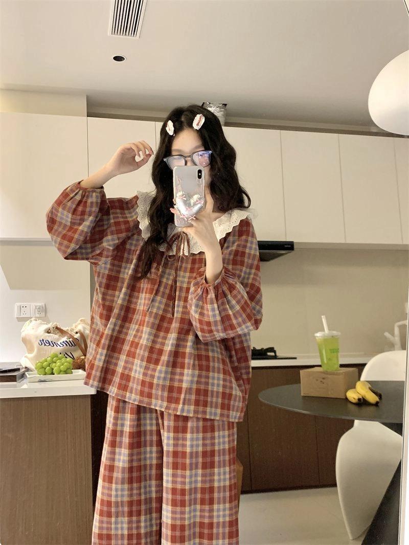 Women's 2025 Autumn New Cotton Lace Plaid 2-Piece Longsleeves Crew Neck Pajama Set - Lady's Cotton Waist Pants, Lounge Pjs Set, Home Sleepwear Loungewear