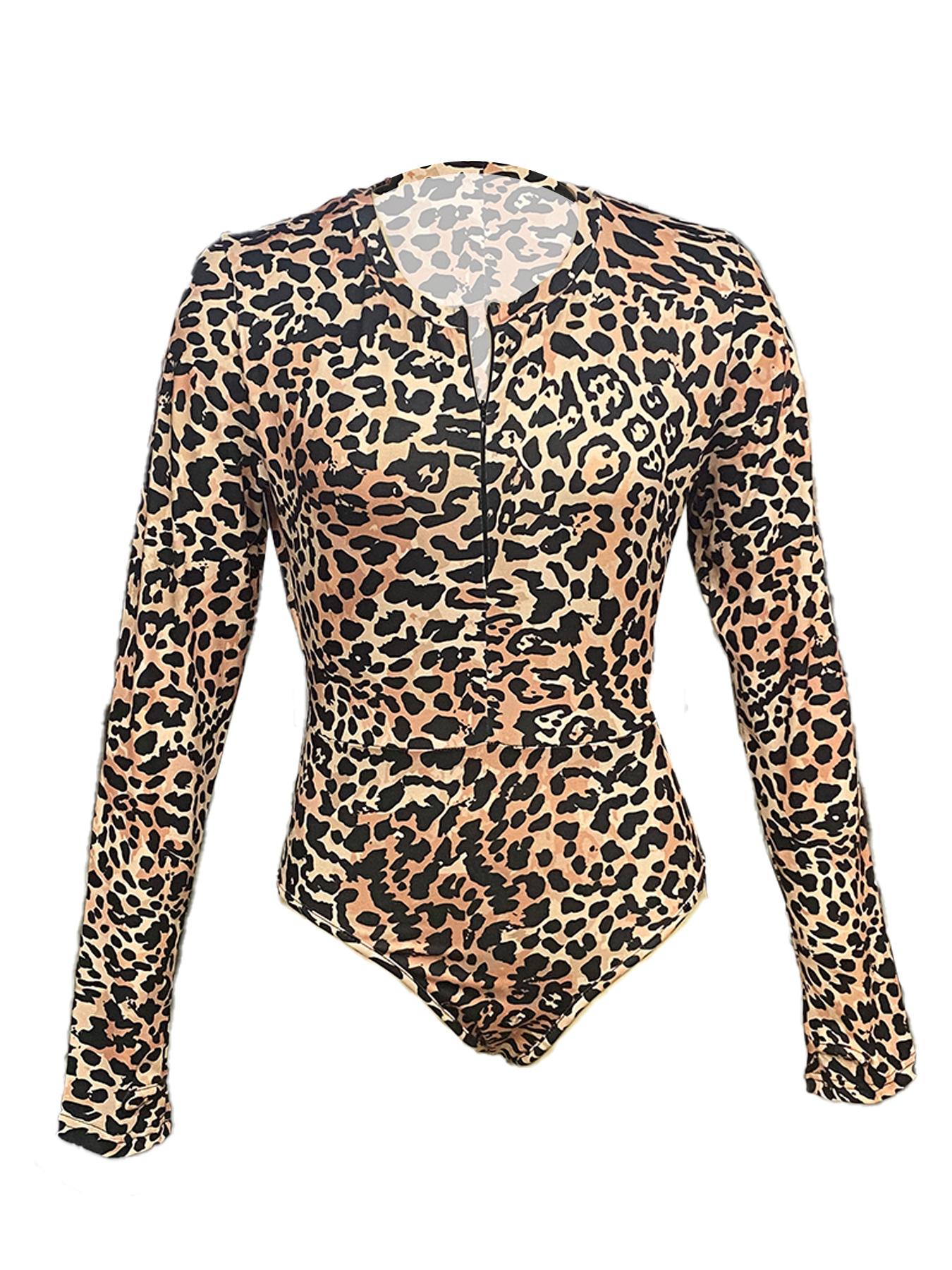 Women's Leopard Print Zipper Thumb Hole Design One-piece Bodysuit, Fashion Casual Long Sleeve Bodysuit for Daily Outdoor Wear, Women Clothes for Spring & Fall, Womenswear