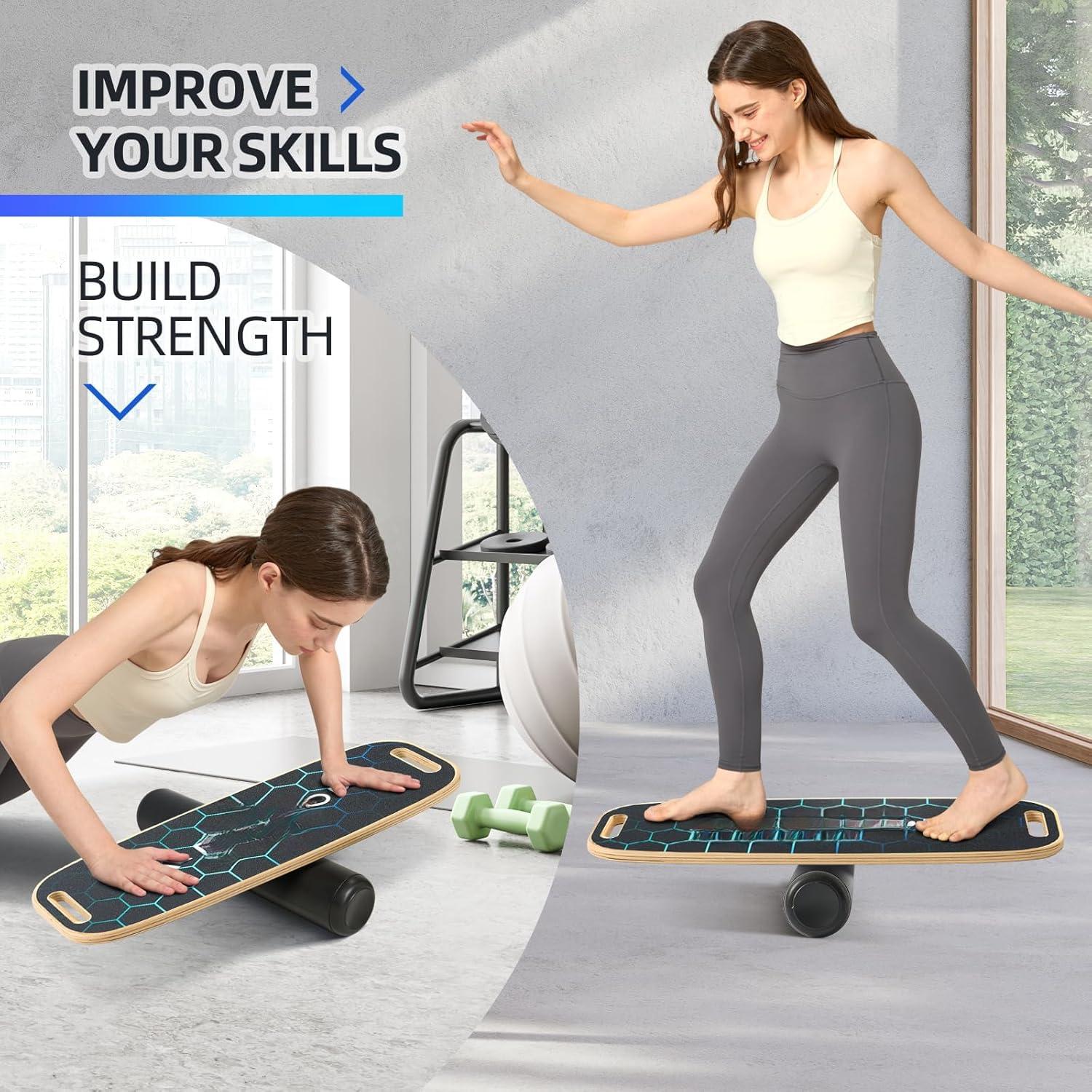 Adult Balance Board with Adjustable Stoppers - 3 Modes Roller Exercise Trainer, Lightweight Heavy-Duty Construction, High-Quality Sandpaper Non-Slip Surface, Diverse Training Options for Stability Improvement