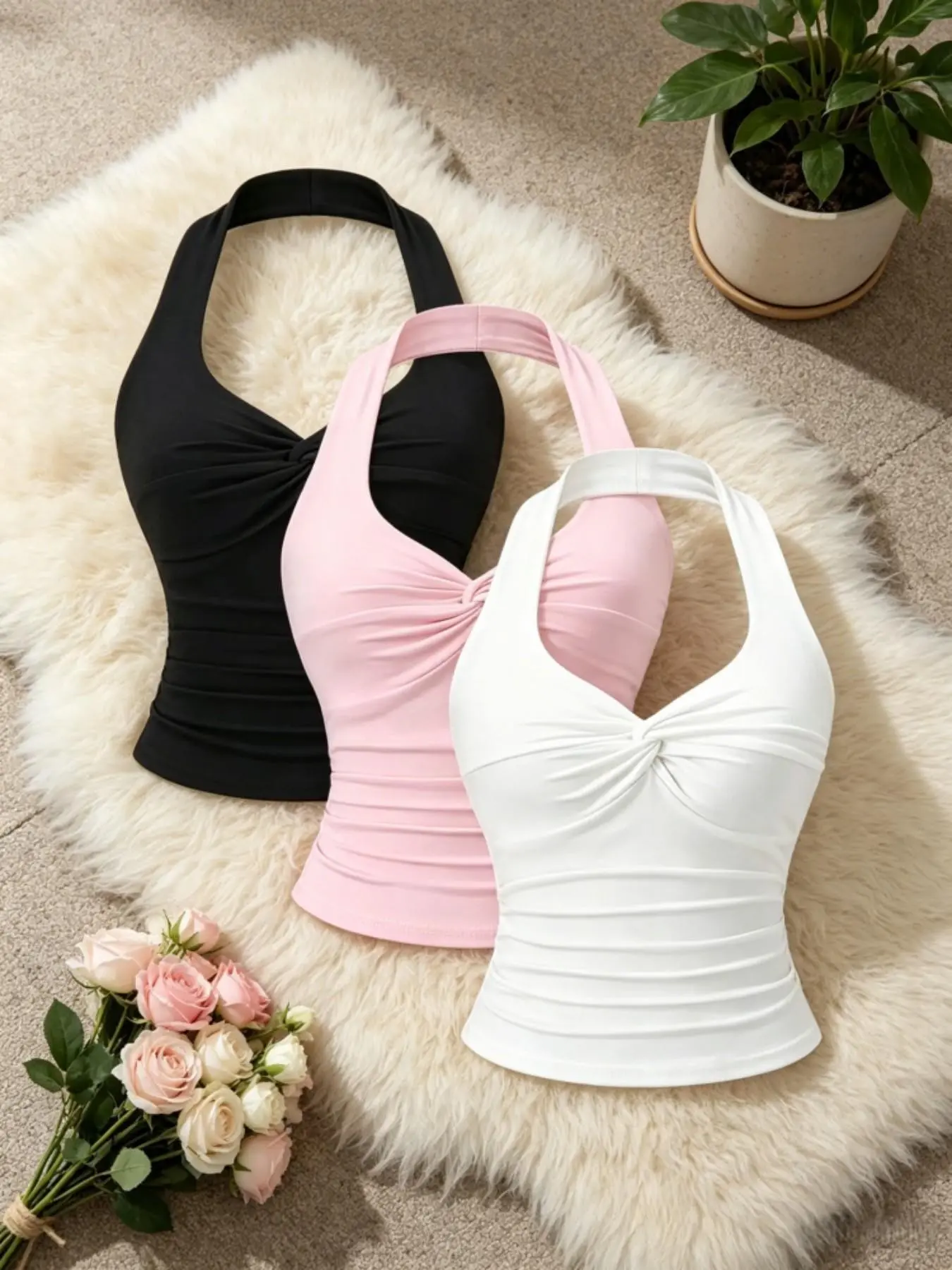 Women's Plain Three-Piece Set, Halter Neck Sleeveless Top, Knot Design, Waist Cinching, Wrinkled Look, Casual Fashion, Breathable