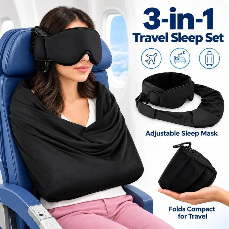 3-in-1 Airplane Travel Sleep Support System - 100% Blackout Eye Mask, Headrest Stabilizer & Body Arm Sling Blanket, Compact Packable Flight Essentials for Long Hauls & Road Trips