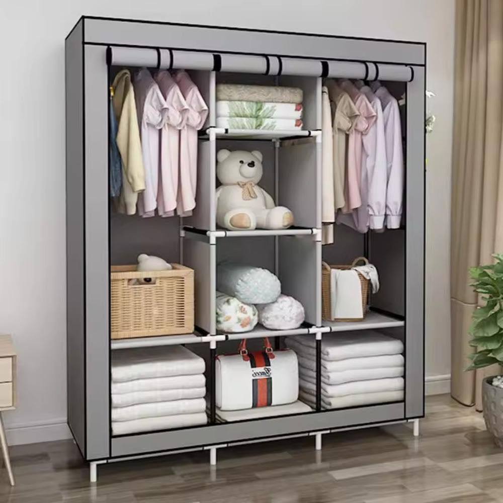 64-in Portable Non-Woven Fabric Wardrobe, Multi-Functional Portable Closet with Cover, Gray Indoor Furniture Storage Armoire for Apartments, Wardrobe Storage Rack Solution