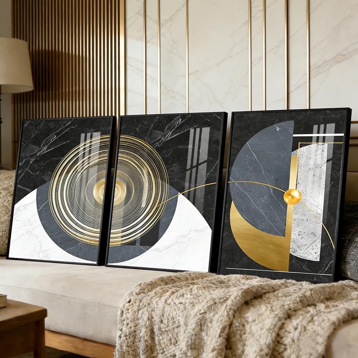 3 Counts Aluminum Alloy Framed Painting, Geometric Abstract Gold And Marble Art, Home Decoration For Living Room, Bedroom, Office, Restaurant, Hallway Wall Decor, Odorless Print Artwork, Luxury Perfect Gift For Friends And Family