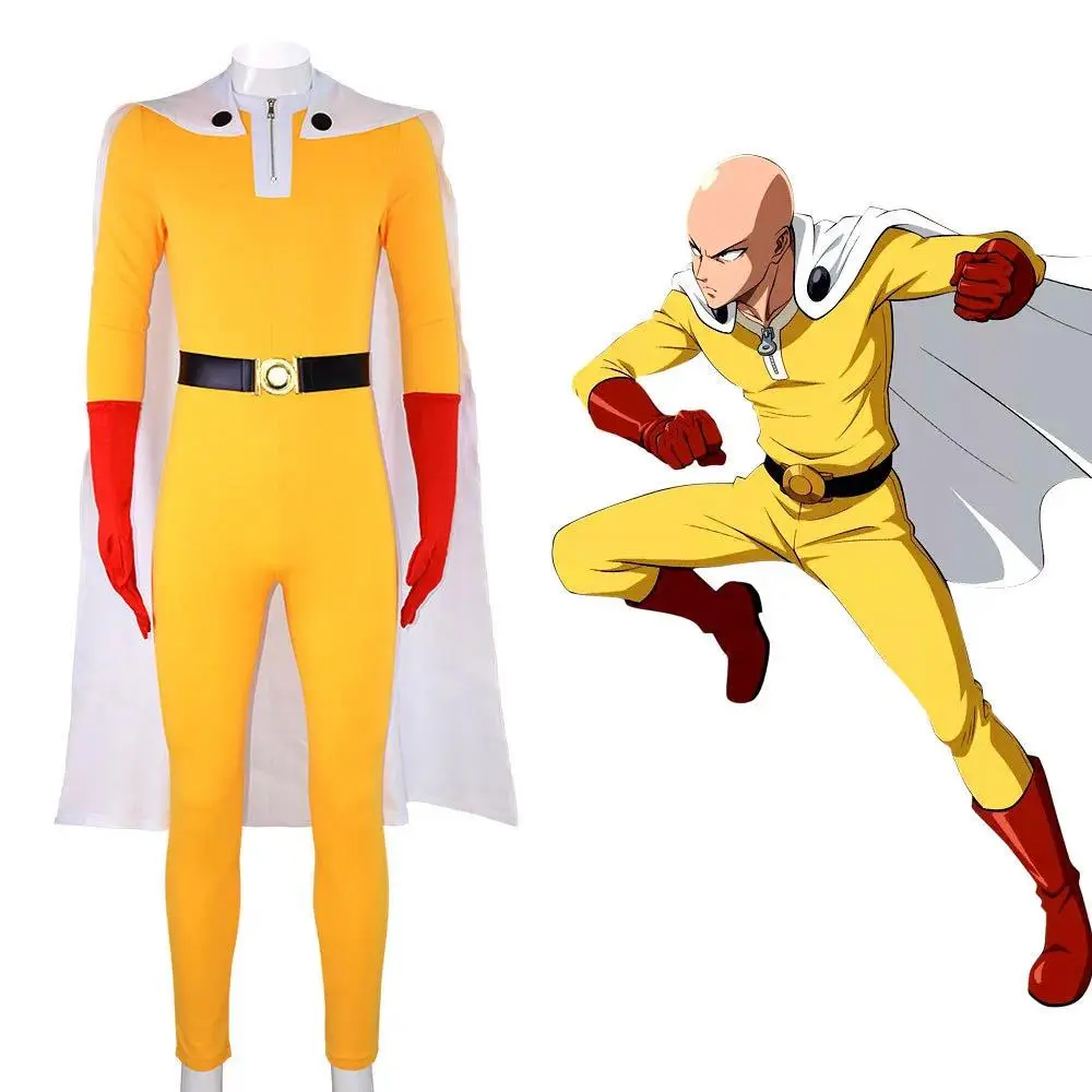 One Punch Man Saitama Cosplay Costume Full Set for Adults Yellow Hero Suit Jumpsuit with Cloak Gloves Belt Cosplay Party Outfit
