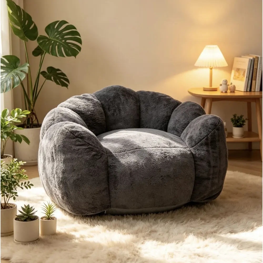 Large Single Petal Cloud Lounge Chair, Faux Rabbit Fur Velvet Accent Sofa, Fluffy Lazy Chair for Bedroom, Living Room, Gaming