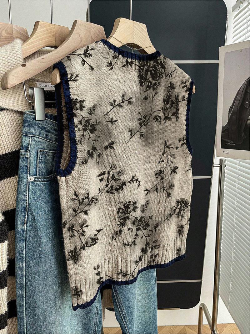 One piece + Women's spring/summer elegant-artistic loose-fit round-neck sleeveless knit top. Deep blue contrast trim + ink-wash painting print. Perfect for refined school days - layer with a vest or wear it solo!