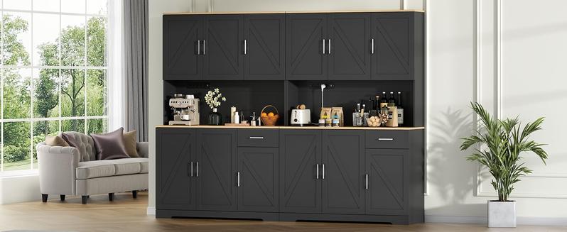 Farmhouse Kitchen Pantry Cabinet 71" Tall with 4 Adjustable Shelves, 6 Doors, Power Outlet, Freestanding Design for Kitchen Storage Cupboard