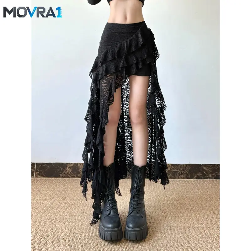 MOVRA1 Women's Punk Style Irregular Asymmetrical Lace Skirt, Drape, Tight-Fit Elastic, Lightweight, Long Skirt Festival Party, Everyday Wear Fashion, Piece, Womenswear