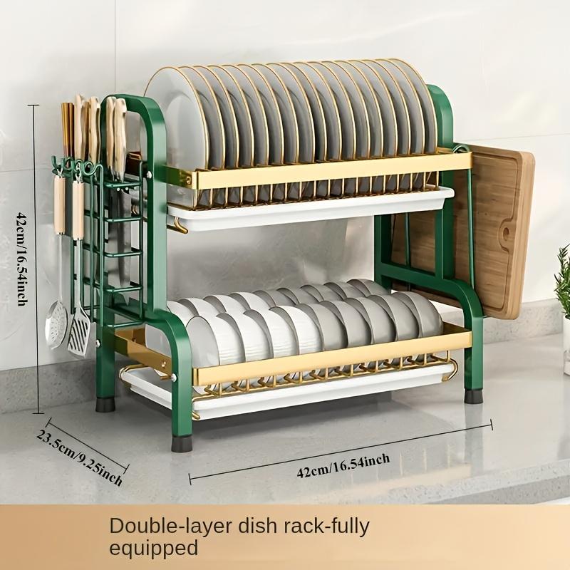 Kitchen Organizer with Drainage System - Dish Drainer, Dish Racks, Multifunctional Tableware Storage Rack, Durable Carbon Steel Material, Double-Layer Design with Knife Holder and Cutting Board Storage