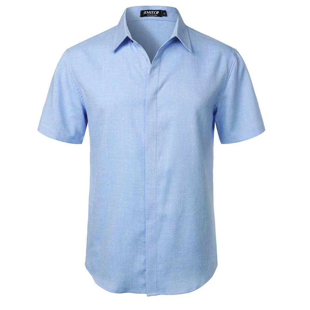 Men’s Stretch Linen-Textured Short Sleeve Shirt with Hidden Button – Casual for Beach and Wedding