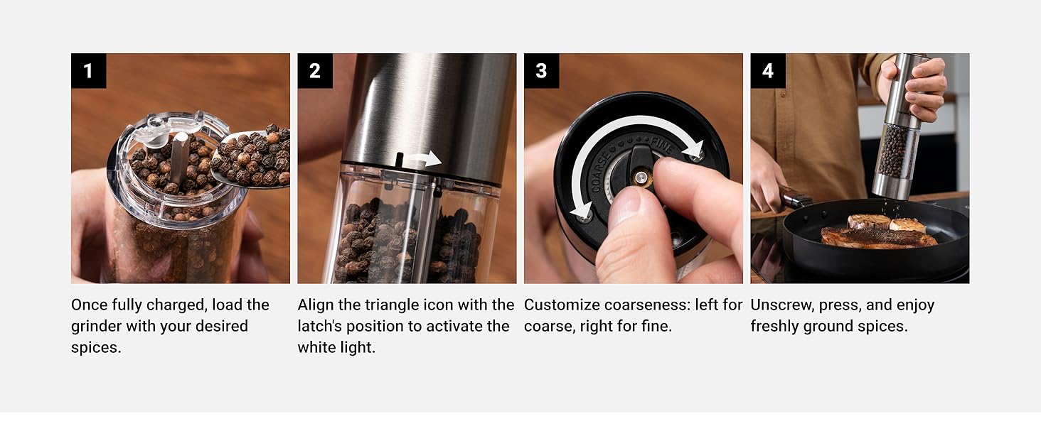 [Large Capacity and LED Light] Electric Salt and Pepper Grinder Set, 3.2oz Larger Rechargeable Automatic with 6 Adjustable Coarseness, Ground Cannon Shaker Peppermill, Black Friday and Christmas Gift