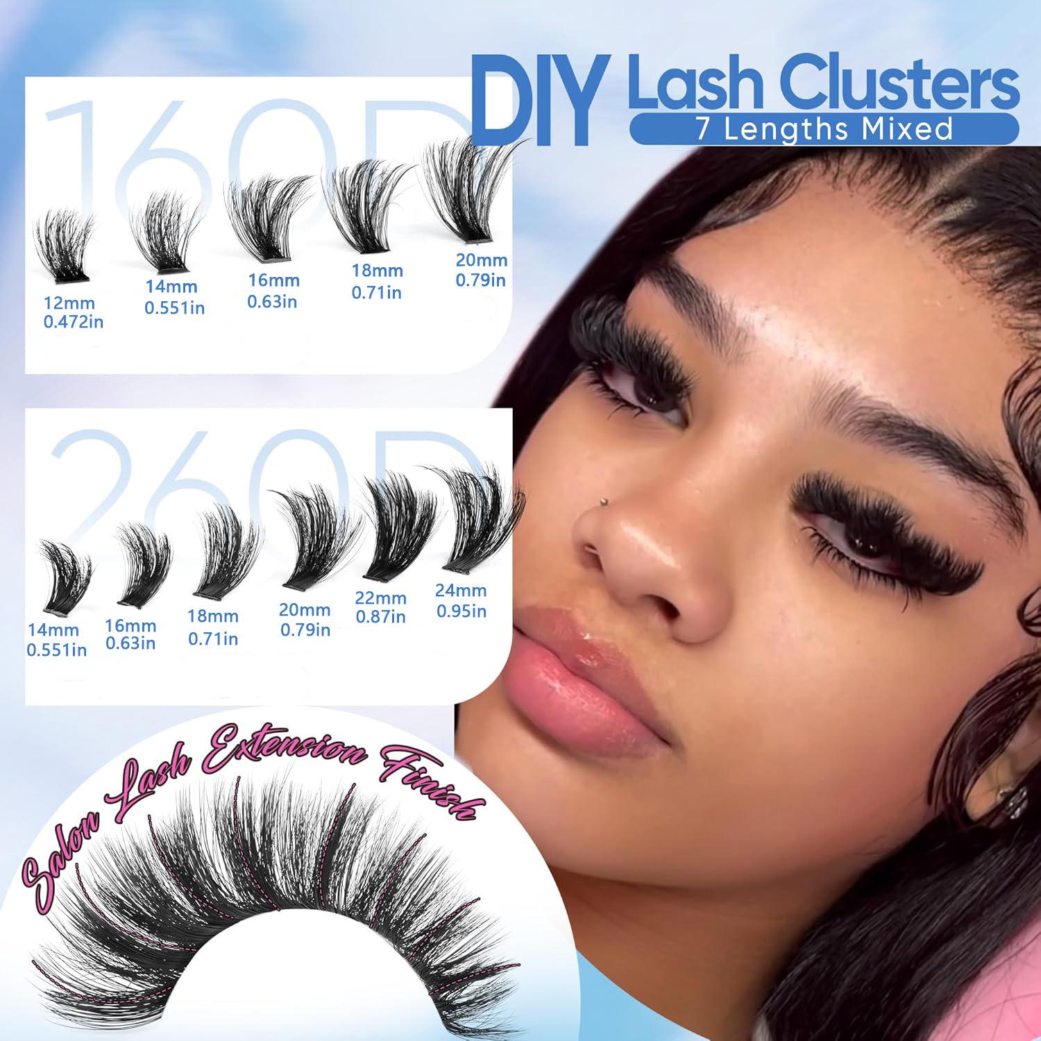 Plush Fluffy Eyelash Clusters 160D+200D, Voluminous Lash Extensions 12-24mm, Dramatic Long Lashes, Lightweight Individual Lashes, 224pcs Luxury DIY Lash Extension Kit