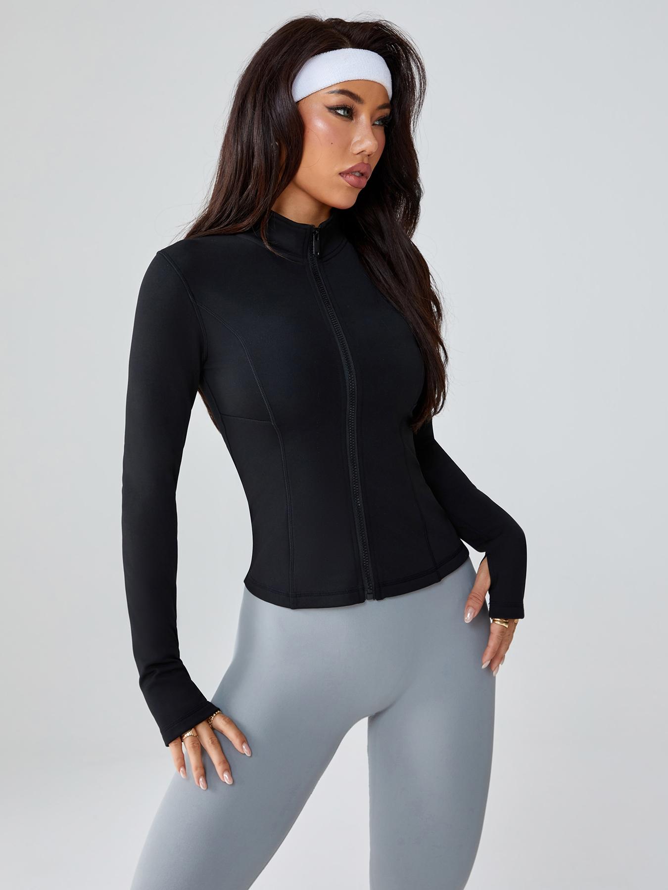 Women's Fleece Lined Zipper Jacket, Sporty Tight-Fitting Yoga Running Gym Coat, Small Stand Collar, Fall & Winter Wear, Yoga Jacket Top