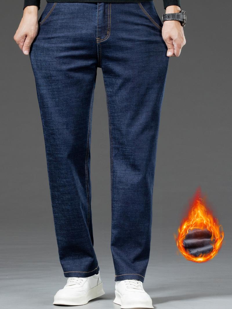Men's Denim Jeans with Topstitching, Loose Straight Leg Long Pants, Stretch Fashion Pants for Fall & Winter