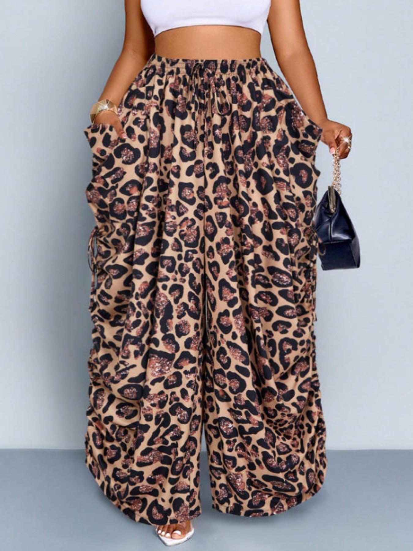 Women's Leopard Print Harem Pants Bottom, Casual High Waist Loose Breathable Cotton Linen, Medium Stretch Thin Drawstring Pockets, Streetwear Punk Style