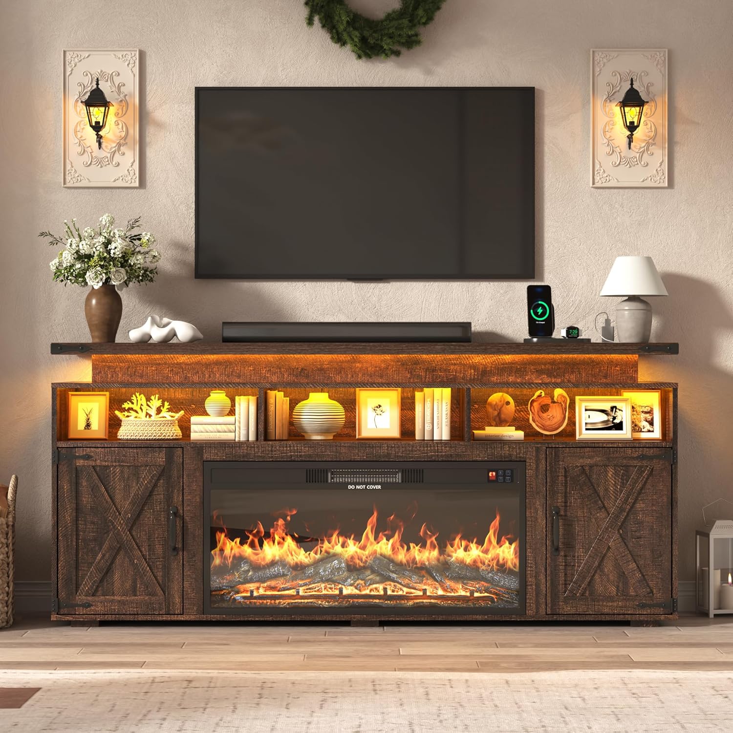 【2Packages Shipping】70.8" Farmhouse Fireplace TV Stand for TVs up to 80" with 36" Electric Fireplace, 32" Tall Entertainment Center with Power Outlet/LED Lights, Media Console w/Sliding Barn Door for Living Room