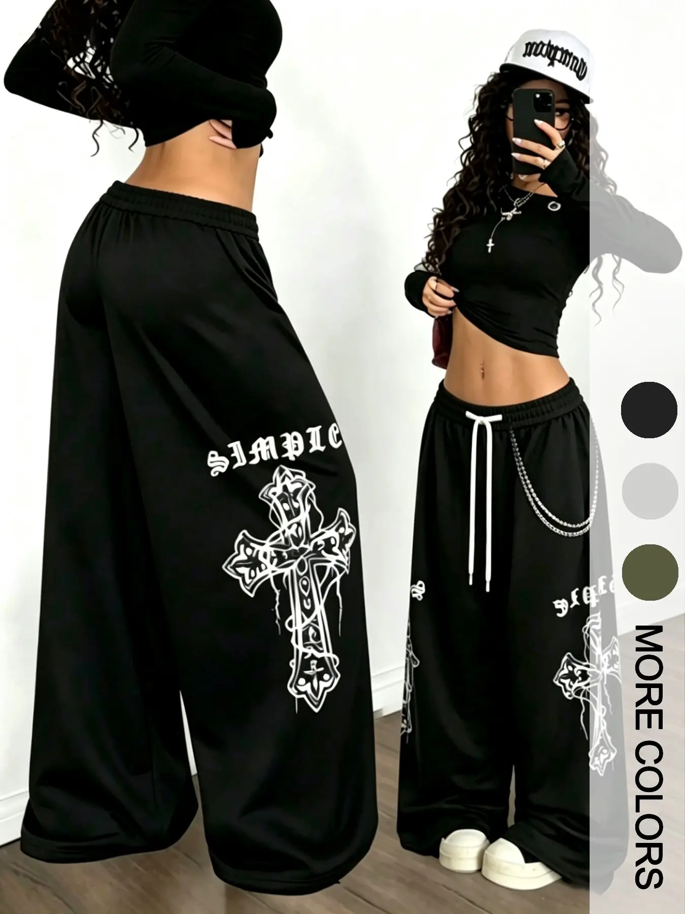 Gothic Cross Silver Color Trim Wide Leg Sweatpants, American Dark High Street, Elastic Drawstring High Waist, Side Large Cross Retro English