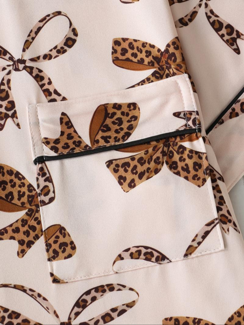 Women's Leopard Bow Print Sleepwear Set, Casual Fitted Short Sleeve Top & Loose Comfortable Shorts, Elegant Ladies' Nightwear