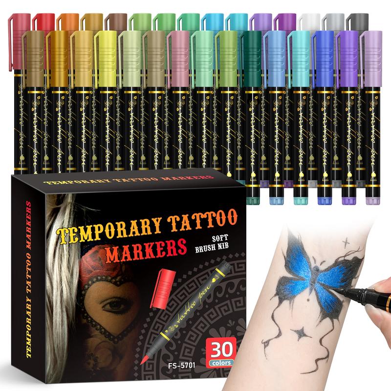Temporary Tattoo Markers for Skin,With Stencils,Body Markers,10/15/30Colors Tattoo Pens,Flexible Brush Tip, Bright colors, Face Paint Kit Cosmetic Quality,Halloween makeup