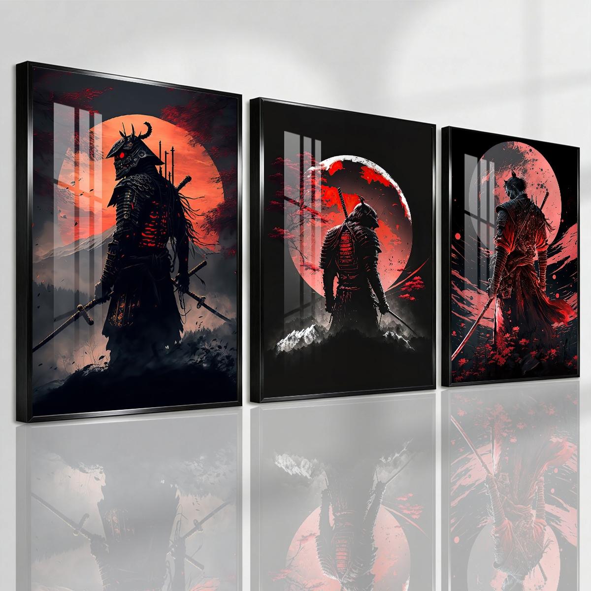 3 Counts Aluminum Alloy Framed Painting, Samurai Warriors Under Red Moon Artwork, Home Decoration For Living Room, Bedroom, Office, Restaurant, Hallway Wall Decor, Odorless Print Artwork, Luxury Perfect Gift For Friends And Family