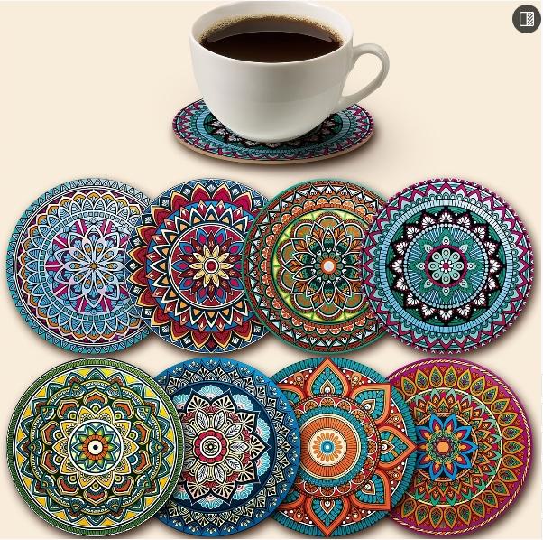 8-Piece Mandala Coasters Set, Wooden Coaster Collection, Perfect for Parties & Gatherings, Ideal for Bars, Offices, Homes, Size 3.94"x3.94"