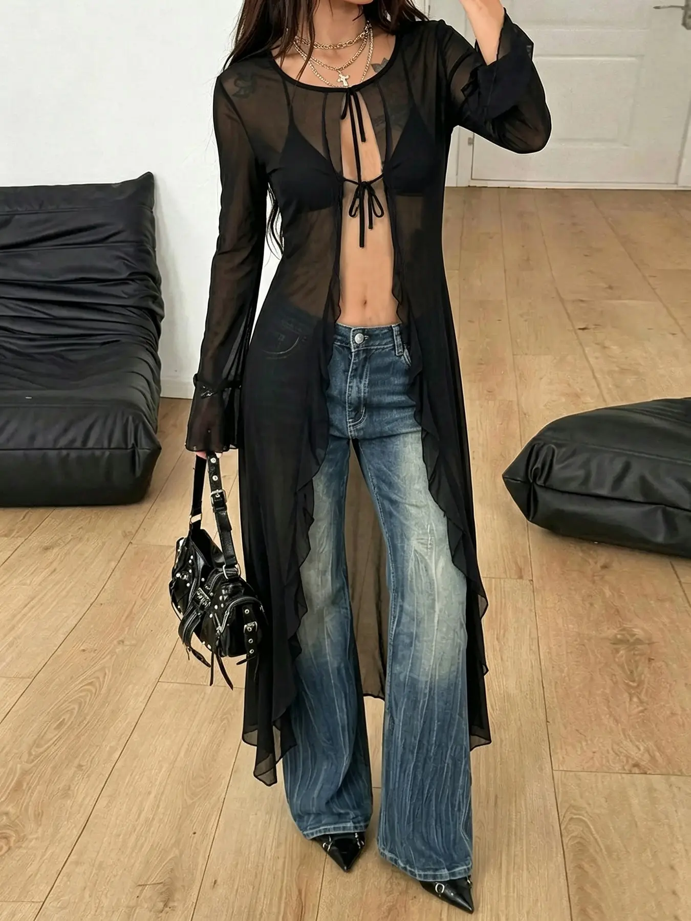 Summer Women's Loose Fit Casual Breathable Elegance Fashion Ruffle Long Thin Jacket, Perfect for Beach Trips and Outdoor Activities, Versatile Trendy Style Clothes