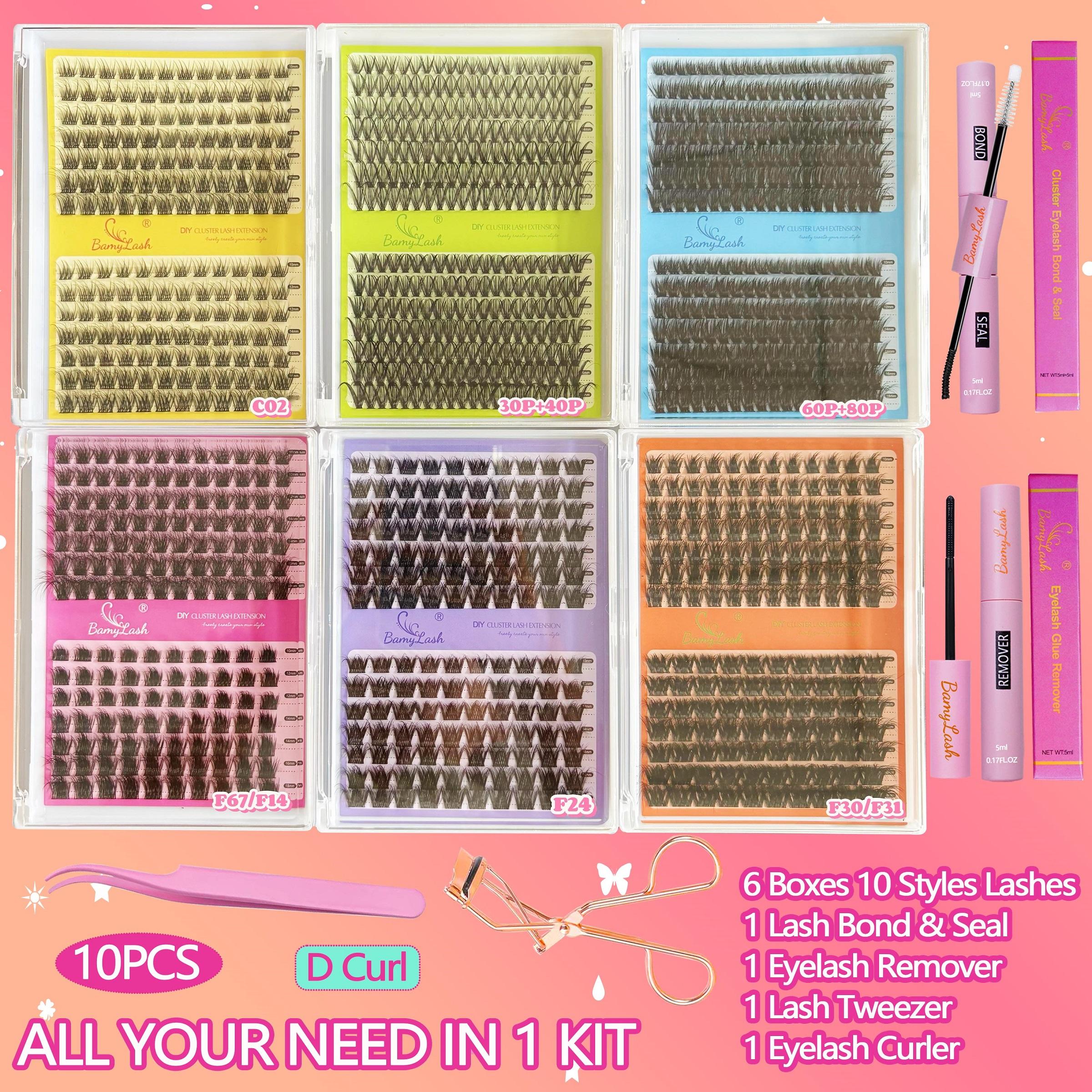 6 Boxes Cluster Eyelash Kit with Glue Remover Applicator and Curler,Long-Lasting for Natural 3D Wispy Soft Comfortable Daily Wear Beginner-Friendly DIY Lashes for Voluminous Look Trendy Cluster Lashes,Gift Pack for Xmas