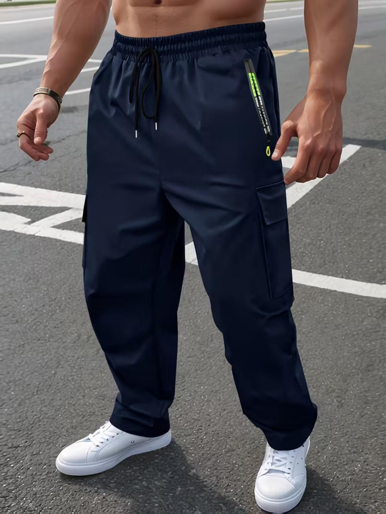 Men's Spring Summer Letter Zipper Pocket Cargo Pants, Fashion Large Patch Pockets, Drawstring Waist, Casual Outdoor Long Pants