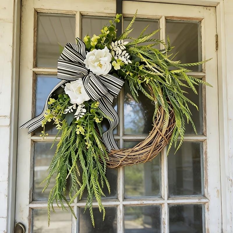16-Inch Artificial Camellia Grapevine Wreath, Realistic Greenery Front Door Wreath with Striped Bow, Perfect for All-Season Farmhouse Decor