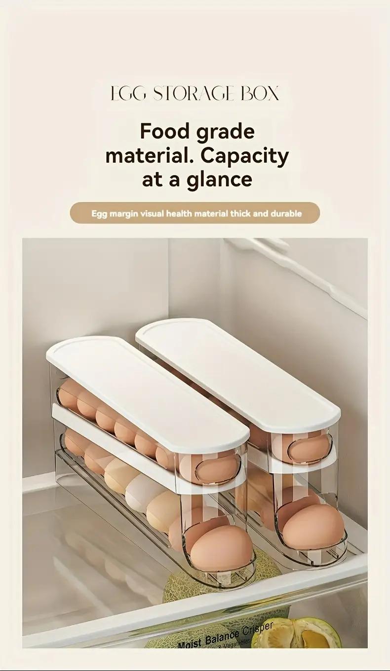 A stackable, adjustable rolling egg rack for refrigerator doors, Stackable Fridge Organizer, Refrigerator Storage, made of durable plastic, can hold 18 eggs, no battery required, suitable for kitchen organization accessories.