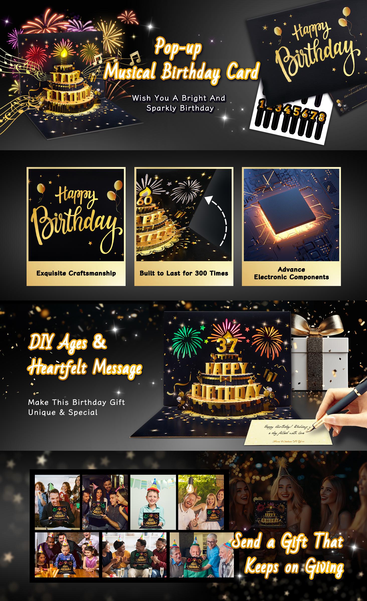 Birthday Pop-Up Card with 3D Cake & Fireworks, DIY Number 1-99, Musical Birthday Song, Black & Gold Design with Envelope, Special Gift Greeting Card
